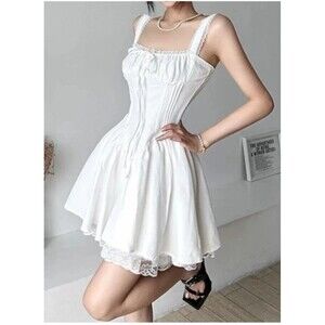 Unbranded Milk Maid Corset Style Lace Trim Lined Basque Waist Mini Dress LARGE